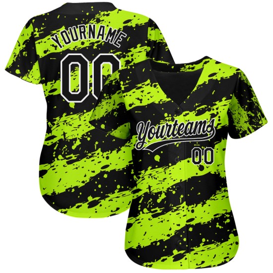 Diseño auténtico de camiseta de béisbol en blanco y negro, diseño 3D verde neón personalizado Diseño auténtico de camiseta de béisbol en blanco y negro, diseño 3D verde neón personalizado