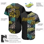 Camiseta de béisbol personalizada con estampado 3D de hojas hawaianas, diseño tropical auténtico, color amarillo palmera, color negro Camiseta de béisbol personalizada con estampado 3D de hojas hawaianas, diseño tropical auténtico, color amarillo palmera, color negro