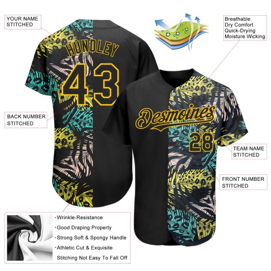 Camiseta de béisbol personalizada con estampado 3D de hojas hawaianas, diseño tropical auténtico, color amarillo palmera, color negro Camiseta de béisbol personalizada con estampado 3D de hojas hawaianas, diseño tropical auténtico, color amarillo palmera, color negro