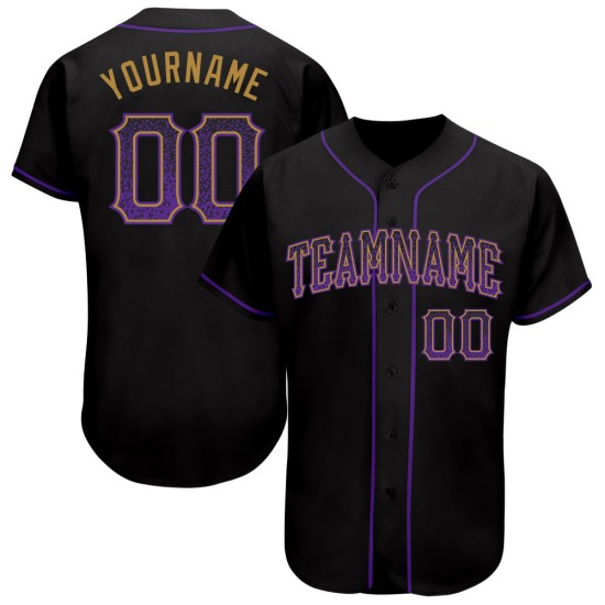 Camiseta de béisbol auténtica personalizada de moda negra, dorada y morada (vieja) Camiseta de béisbol auténtica personalizada de moda negra, dorada y morada (vieja)