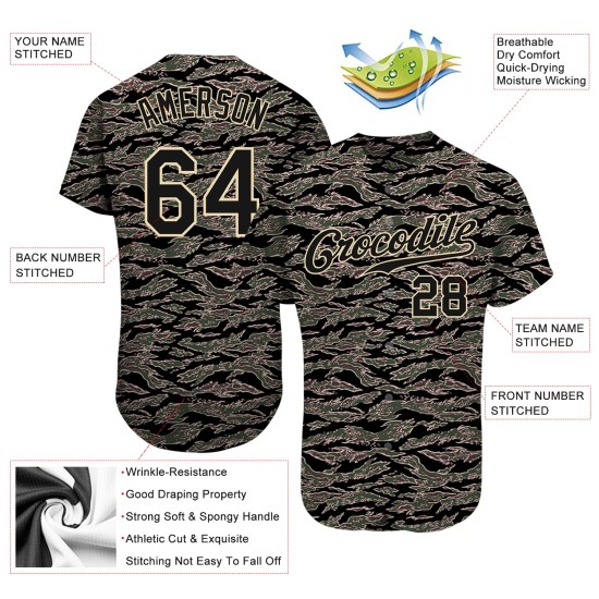 Camiseta de béisbol de camuflaje negro y crema. Servicio personalizado y auténtico. Camiseta de béisbol de camuflaje negro y crema. Servicio personalizado y auténtico.