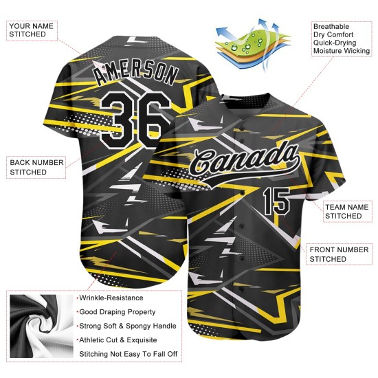 Camiseta de béisbol negra personalizada en negro y dorado con diseño auténtico en 3D Camiseta de béisbol negra personalizada en negro y dorado con diseño auténtico en 3D