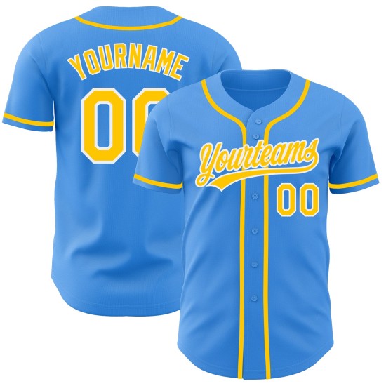 Camiseta de béisbol azul, amarilla y blanca, personalizada y auténtica. Camiseta de béisbol azul, amarilla y blanca, personalizada y auténtica.