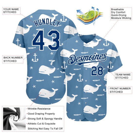 Camiseta de béisbol personalizada con diseño de ballena azul azul-blanca de la Marina de EE. UU., patrón 3D, ligera y auténtica. Camiseta de béisbol personalizada con diseño de ballena azul azul-blanca de la Marina de EE. UU., patrón 3D, ligera y auténtica.