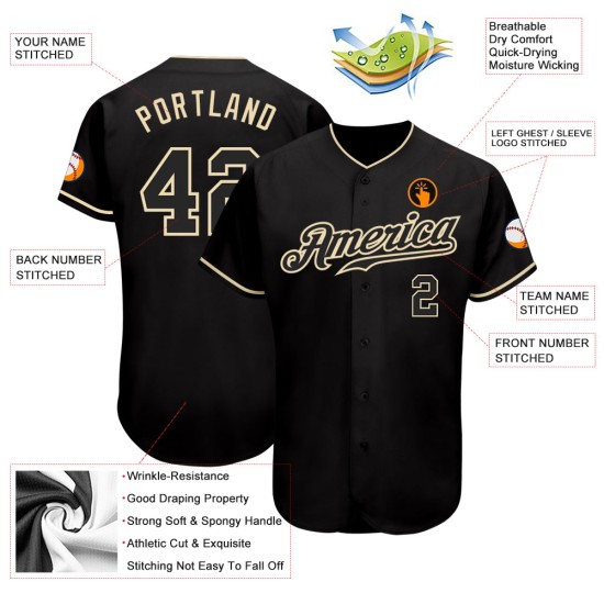 Camiseta de béisbol auténtica negra y crema personalizada Camiseta de béisbol auténtica negra y crema personalizada