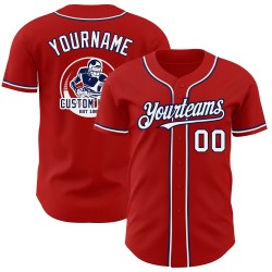 Camiseta de béisbol personalizada en blanco y azul marino, roja y auténtica