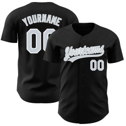 Camiseta de béisbol negra auténtica personalizada en blanco y plateado