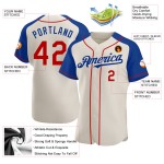 Camiseta de béisbol color crema, raglán, personalizada, auténtica, color rojo-azul, mangas Camiseta de béisbol color crema, raglán, personalizada, auténtica, color rojo-azul, mangas