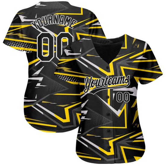 Camiseta de béisbol negra personalizada en negro y dorado con diseño auténtico en 3D Camiseta de béisbol negra personalizada en negro y dorado con diseño auténtico en 3D