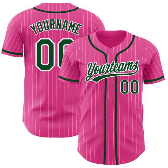 Camiseta de béisbol blanca a rayas personalizada auténtica, verde y rosa Camiseta de béisbol blanca a rayas personalizada auténtica, verde y rosa