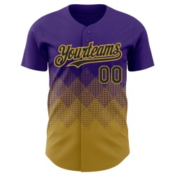 Patrón de camiseta de béisbol personalizada cuadrada 3D con diseño auténtico antiguo en tonos morados y dorados degradados.