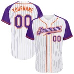 Camiseta de béisbol personalizada con rayas blancas, raglán, mangas moradas y auténtica, color morado-naranja Camiseta de béisbol personalizada con rayas blancas, raglán, mangas moradas y auténtica, color morado-naranja