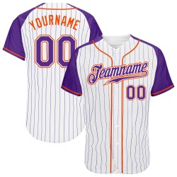 Camiseta de béisbol personalizada con rayas blancas, raglán, mangas moradas y auténtica, color morado-naranja