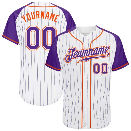 Camiseta de béisbol personalizada con rayas blancas, raglán, mangas moradas y auténtica, color morado-naranja Camiseta de béisbol personalizada con rayas blancas, raglán, mangas moradas y auténtica, color morado-naranja