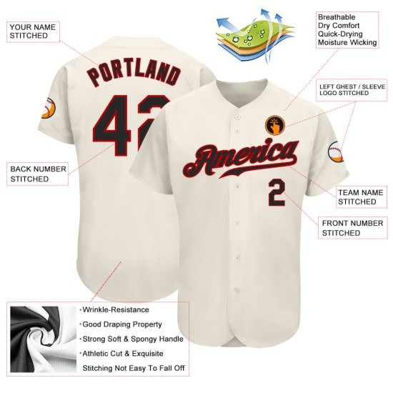 Camiseta de béisbol personalizada color crema, auténtica, negra y roja Camiseta de béisbol personalizada color crema, auténtica, negra y roja