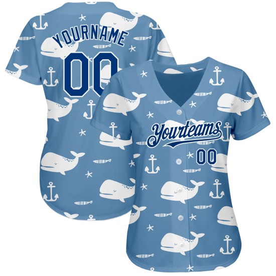 Camiseta de béisbol personalizada con diseño de ballena azul azul-blanca de la Marina de EE. UU., patrón 3D, ligera y auténtica. Camiseta de béisbol personalizada con diseño de ballena azul azul-blanca de la Marina de EE. UU., patrón 3D, ligera y auténtica.