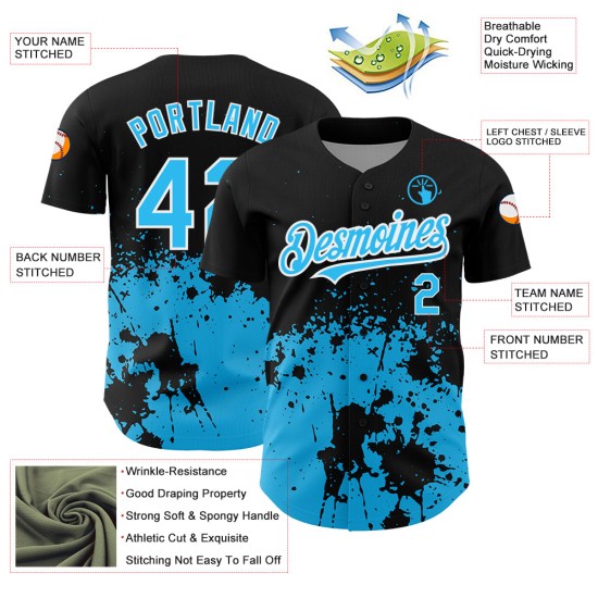 Diseño de patrón de salpicaduras azul y blanco abstracto 3D de béisbol grunge personalizado auténtico cielo camiseta arte negro Diseño de patrón de salpicaduras azul y blanco abstracto 3D de béisbol grunge personalizado auténtico cielo camiseta arte negro