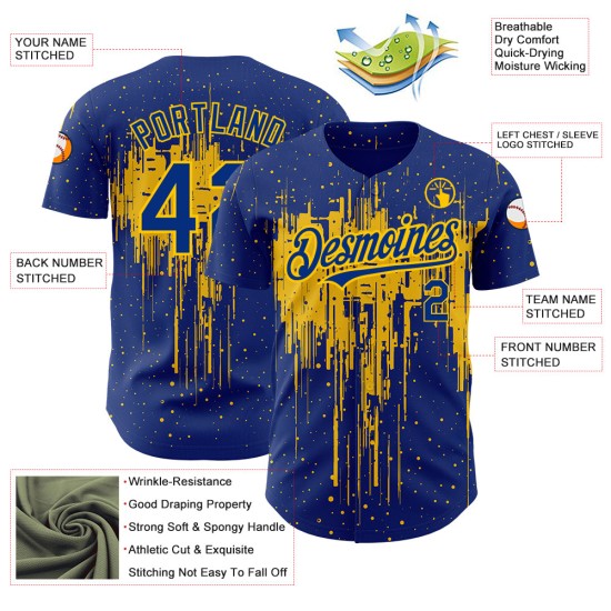 Camiseta de béisbol amarilla con patrón 3D, diseño de goteo real, salpicadura, auténtica y personalizada Camiseta de béisbol amarilla con patrón 3D, diseño de goteo real, salpicadura, auténtica y personalizada