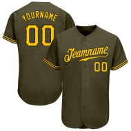 Camiseta de béisbol auténtica personalizada, color oliva, dorado y negro.