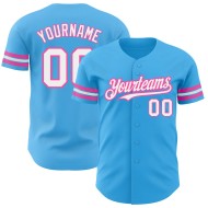 Camiseta de béisbol auténtica personalizada Sky azul, blanca y rosa