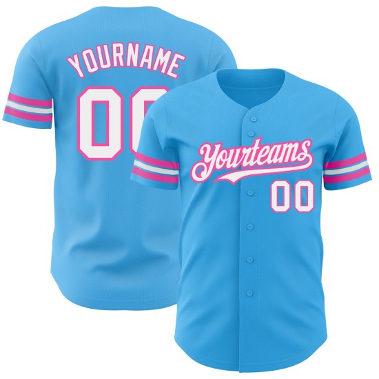 Camiseta de béisbol auténtica personalizada Sky azul, blanca y rosa Camiseta de béisbol auténtica personalizada Sky azul, blanca y rosa