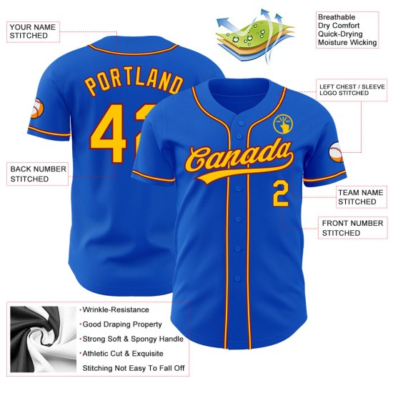 Camiseta de béisbol personalizada auténtica en azul trueno amarillo-carmesí Camiseta de béisbol personalizada auténtica en azul trueno amarillo-carmesí