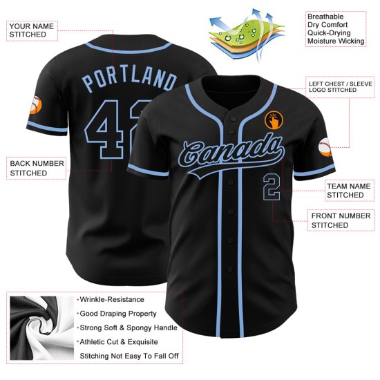 Camiseta de béisbol negra y azul claro, auténtica y personalizada. Camiseta de béisbol negra y azul claro, auténtica y personalizada.