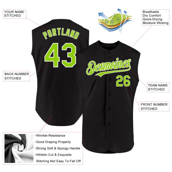 Camiseta de béisbol negra neón personalizada auténtica verde-blanca sin mangas Camiseta de béisbol negra neón personalizada auténtica verde-blanca sin mangas