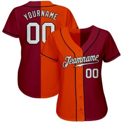 Camiseta de béisbol personalizada con estampado blanco carmesí, auténtica, naranja y negra.