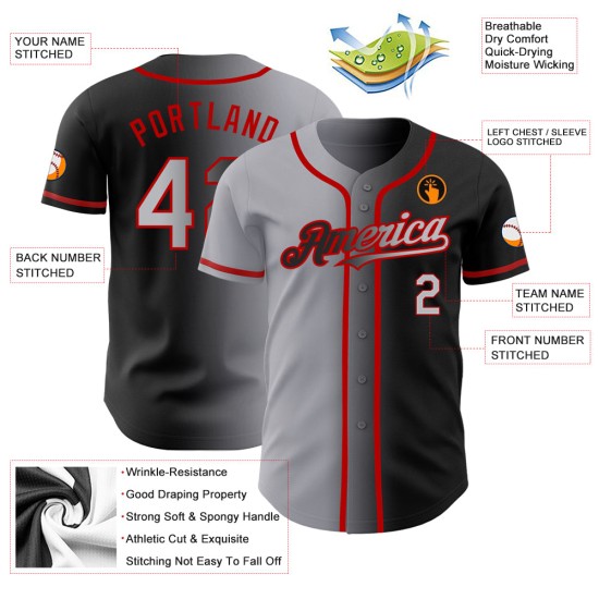 Camiseta de béisbol gris-roja de moda auténtica negra personalizada con degradado Camiseta de béisbol gris-roja de moda auténtica negra personalizada con degradado