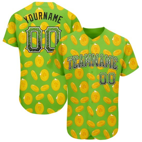 Camiseta de béisbol personalizada con diseño auténtico en verde, blanco y negro, con estampado neón 3D del Día de San Patricio. Camiseta de béisbol personalizada con diseño auténtico en verde, blanco y negro, con estampado neón 3D del Día de San Patricio.