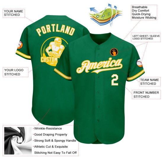 Camiseta de béisbol auténtica personalizada verde Kelly, blanca y amarilla Camiseta de béisbol auténtica personalizada verde Kelly, blanca y amarilla
