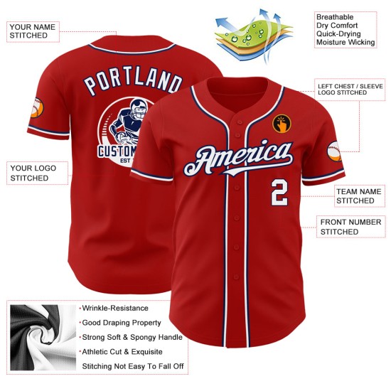 Camiseta de béisbol personalizada en blanco y azul marino, roja y auténtica Camiseta de béisbol personalizada en blanco y azul marino, roja y auténtica