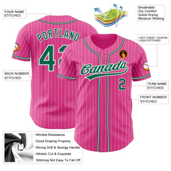 Camiseta de béisbol auténtica Kelly, rosa, verde, personalizada, con rayas blancas Camiseta de béisbol auténtica Kelly, rosa, verde, personalizada, con rayas blancas